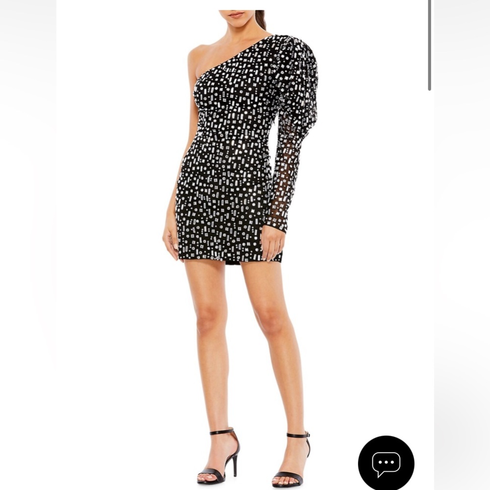 MAC DUGGAL one shoulder embellished puff sleeve black silver mini dress sz.0